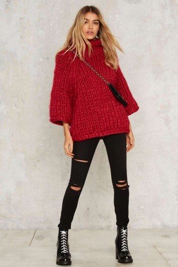 Heavy Knitter Chunky Red Sweater. Oversized sweaters | on-trend knitwear | knitted fashion | winter jumpers | turtleneck | high neck - flipped
