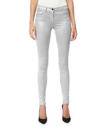 J Brand 620 Mid-Rise Super Skinny Gray Metallic Jeans ~ grey metallics ~ designer trousers ~ shimmering pants ~ stylish fashion - flipped