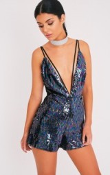 Pretty Little Thing Katrina Multi Sequin Harness Playsuit – glamorous evening playsuits – deep V neckline – plunge front – sequins – sequined – embellished party fashion – going out glamour – plunging necklines