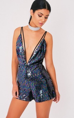 Pretty Little Thing Katrina Multi Sequin Harness Playsuit – glamorous evening playsuits – deep V neckline – plunge front – sequins – sequined – embellished party fashion – going out glamour – plunging necklines - flipped