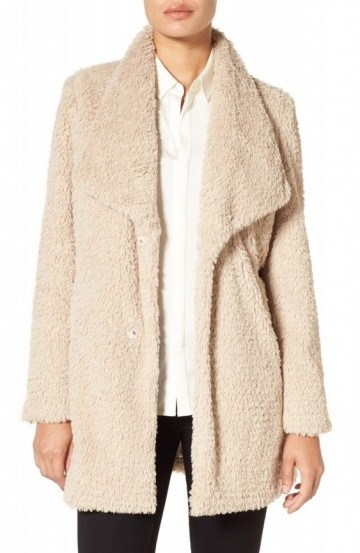 KENNETH COLE NEW YORK faux fur walking coat in ivory. Fluffy coats | shaggy jackets | designer winter fashion | neutrals | neutral colours - flipped