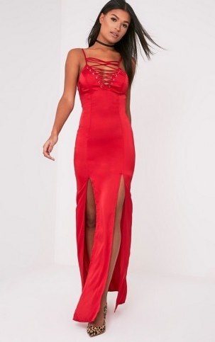 Pretty Little Thing Kiria Red Lace Up Satin Maxi Dress – long going out dresses – glamorous party dresses – front slits – double slit – lace up fronts – cami slip style – xmas party dresses – Christmas parties - flipped