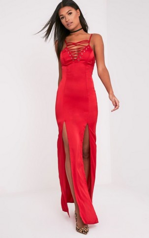 Pretty Little Thing Kiria Red Lace Up Satin Maxi Dress – long going out dresses – glamorous party dresses – front slits – double slit – lace up fronts – cami slip style – xmas party dresses – Christmas parties