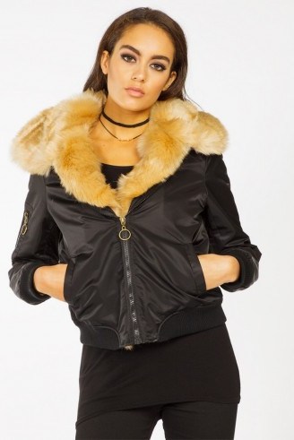 Miss Pap Kiera Black Faux Fur Trim Bomber Jacket. Casual jackets | on-trend outerwear | trending fashion | winter clothing - flipped