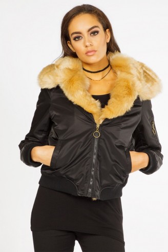 Miss Pap Kiera Black Faux Fur Trim Bomber Jacket. Casual jackets | on-trend outerwear | trending fashion | winter clothing