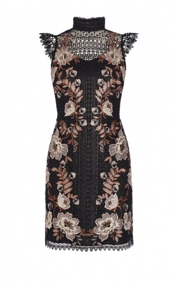 Karen Millen lace embroidered dress ~ occasion wear ~ party dresses ~ evening fashion ~ black lace ~ feminine high neck dresses ~ floral embroidery - flipped