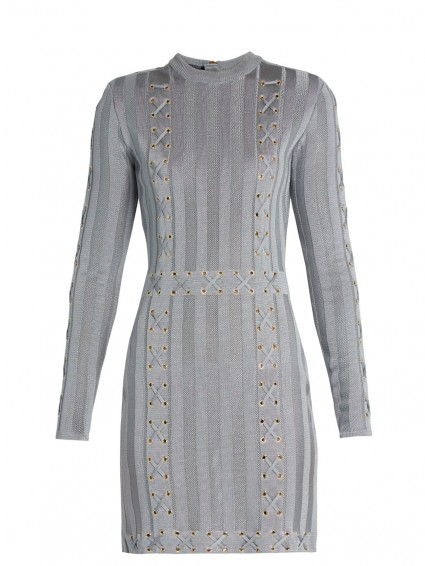 BALMAIN Lace-up satin-knit dress in stone-blue