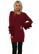 LAETITIA MEM Burgundy Frill Sleeve Tunic Jumper. Dark red tunics | autumn/winter colours | knitted tops | knitwear fashion | frills | on-trend jumpers | sweater dresses | feminine look