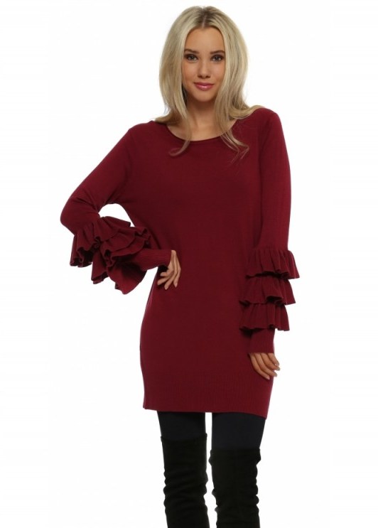 LAETITIA MEM Burgundy Frill Sleeve Tunic Jumper. Dark red tunics | autumn/winter colours | knitted tops | knitwear fashion | frills | on-trend jumpers | sweater dresses | feminine look - flipped