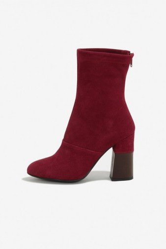 Lavish Alice Berry Suede Leather Contrast High Ankle Sock Boots. Dark red block heel boots | on-trend heeled footwear | autumn/winter colours | trending fashion and accessories - flipped