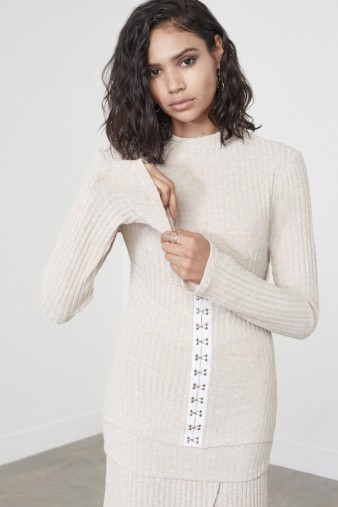 Lavish Alice Oatmeal Marl Rib Knit Corset Detail Jumper. Fitted knitwear | on-trend jumpers | form-fitting fashion | ribbed tops