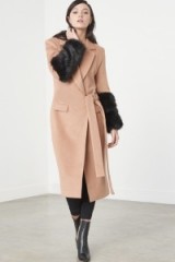 Lavish Alice Camel Tie Front Black Faux Fur Cuff Coat. Statement coats | winter outerwear | luxe style fashion | trending winter clothing
