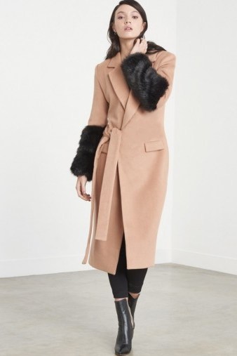 Lavish Alice Camel Tie Front Black Faux Fur Cuff Coat. Statement coats | winter outerwear | luxe style fashion | trending winter clothing - flipped