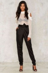 Lavish Alice Fold Court Black Satin Pants. Front tie trousers | evening fashion | occasion wear | relaxed style