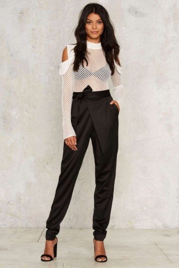 Lavish Alice Fold Court Black Satin Pants. Front tie trousers | evening fashion | occasion wear | relaxed style - flipped