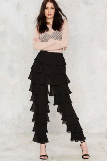 Lavish Alice Ruffle Round the Edges Tiered Pants in black. Ruffled fashion | layered trousers | feminine style - flipped
