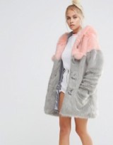 Lazy Oaf Faux Fur Duffle Coat With Pastel Panels And Pom Poms pink/grey. Winter coats | fluffy jackets | warm on-trend outerwear