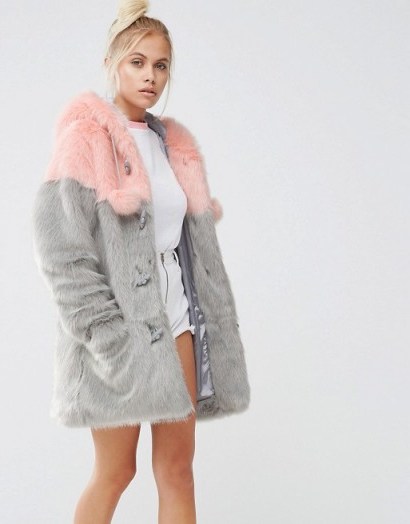 Lazy Oaf Faux Fur Duffle Coat With Pastel Panels And Pom Poms pink/grey. Winter coats | fluffy jackets | warm on-trend outerwear - flipped