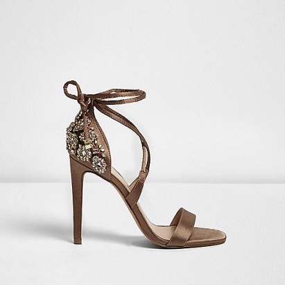 River Island light brown embellished heel sandals – strappy high heels – stiletto heel shoes – party footwear – going out glamour – evening accessories – jewel embellishments - flipped