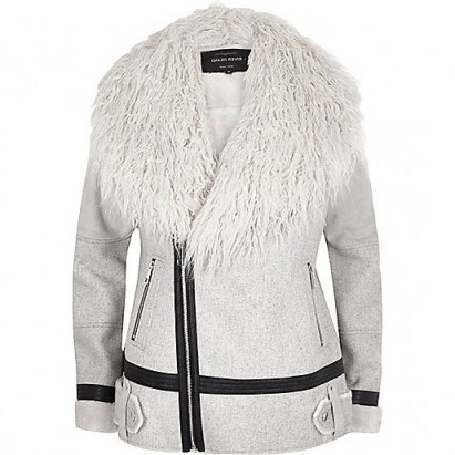 River Island Light grey Mongolian faux fur aviator coat – shaggy coats – fluffy collared jackets – winter outerwear – stylish fashion - flipped