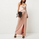 River Island light pink plunge slit maxi dress. Luxe style evening dresses | plunging neckline | deep V necklines | going out glamour | party fashion | feminine style occasion wear