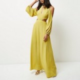 River Island lime cold shoulder maxi dress. Long plunge front dresses | side cut out | evening fashion | going out glamour | plunging neckline