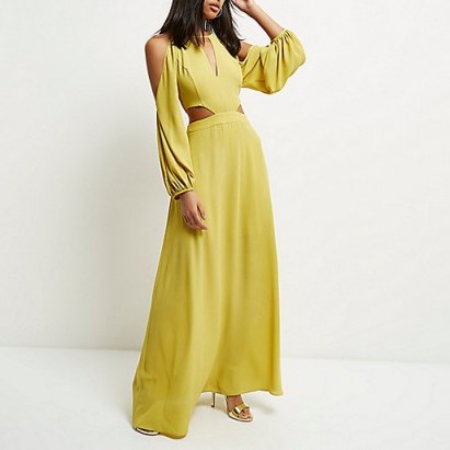 River Island lime cold shoulder maxi dress. Long plunge front dresses | side cut out | evening fashion | going out glamour | plunging neckline - flipped