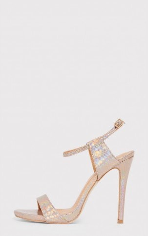 Pretty Little Thing Lolah Gold Iridescent Snake Effect Strappy Sandals – shimmering high heels – party shoes – glamorous footwear – evening glamour – going out footwear – animal prints - flipped