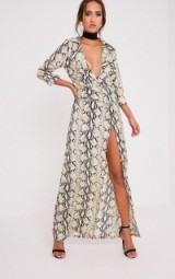 Pretty Little Thing Lucinia Snake Print Twist Maxi Shirt Dress – glamorous animal prints – long plunge front dresses