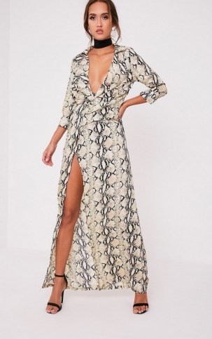 Pretty Little Thing Lucinia Snake Print Twist Maxi Shirt Dress – glamorous animal prints – long plunge front dresses - flipped
