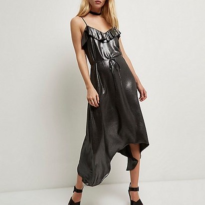 River Island metallic black frill cold shoulder slip dress. Going out dresses | cami style fashion - flipped