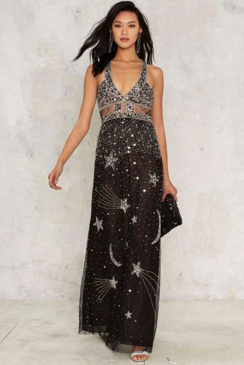 Nasty Gal Collection Dancing Out in Space Beaded Maxi Dress ~ embellished evening dresses ~ occasion fashion ~ christmas event ~ sparkling ~ stars and moon embellishments ~ beads and sequins ~ glittering gowns - flipped