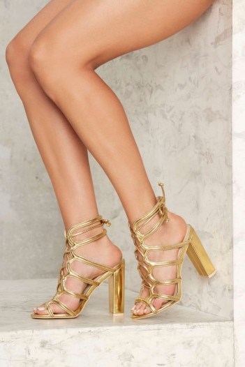 Nasty Gal First Place Lace-Up Heel ~ gold sandals ~ vegan leather evening shoes ~ party high heels ~ strappy - flipped
