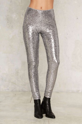 Nasty Gal Jumpin’ Jack Flash Sequin Leggings in gunmetal. Skinny silver metallic pants | shimmering evening fashion | disco queen | going out glam | sequins | embellished trousers - flipped