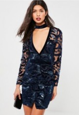 Missguided navy lace & velvet choker bodycon dress – plunge front party dresses – blue evening fashion – semi sheer going out fashion – sequin embellished – xmas parties