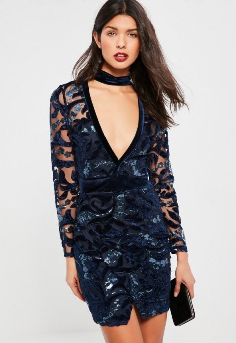 Missguided navy lace & velvet choker bodycon dress – plunge front party dresses – blue evening fashion – semi sheer going out fashion – sequin embellished – xmas parties - flipped
