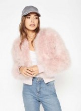 Miss Selfridge Nude Feather Bomber Jacket. Fluffy jackets | feathered fashion | pale pink outerwear