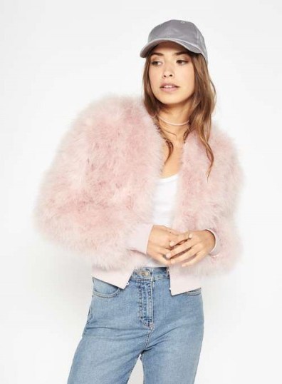 Miss Selfridge Nude Feather Bomber Jacket. Fluffy jackets | feathered fashion | pale pink outerwear - flipped