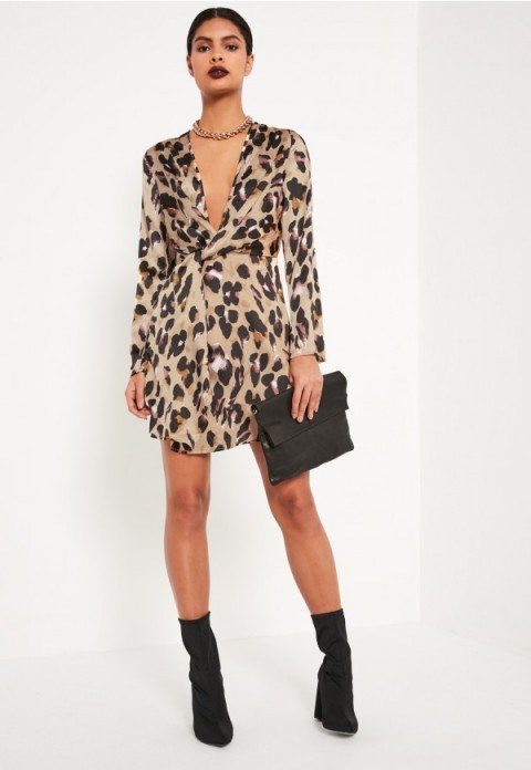 Missguided nude leopard wrap front shift dress – animal prints – glamorous evening fashion – going out glamour – party dresses – xmas parties - flipped