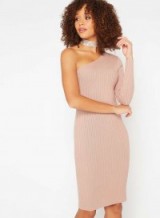Miss Selfridge Nude One Shoulder Knitted Dress ~ evening fashion ~ ribbed dresses ~ party style