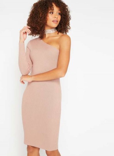 Miss Selfridge Nude One Shoulder Knitted Dress ~ evening fashion ~ ribbed dresses ~ party style - flipped