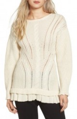OLIVIA PALERMO + CHELSEA28 Ladder Stitch Wool & Cashmere Sweater in ivory pristine. Feminine knitwear | stylish sweaters | knitted fashion | ruffle trim