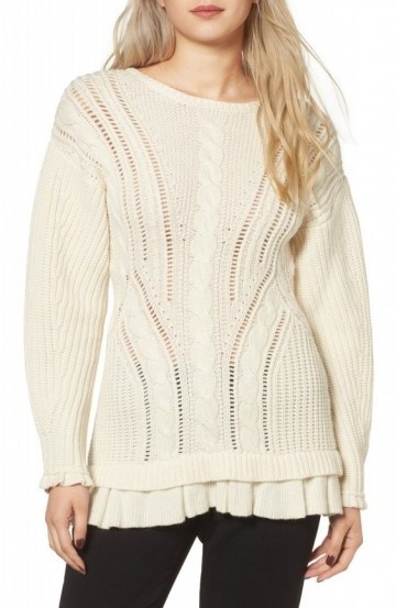 OLIVIA PALERMO + CHELSEA28 Ladder Stitch Wool & Cashmere Sweater in ivory pristine. Feminine knitwear | stylish sweaters | knitted fashion | ruffle trim - flipped