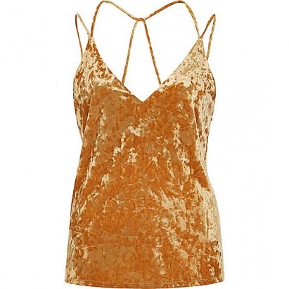 River Island orange velvet strappy cami top. Evening camisoles | going out tops | cross back straps | spaghetti strap fashion - flipped