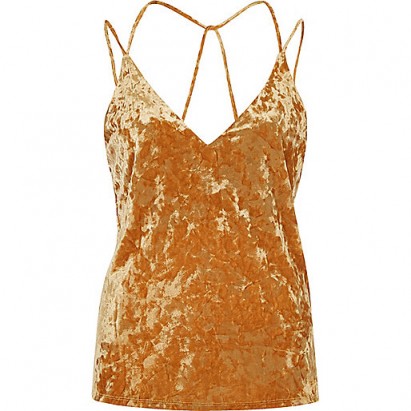 River Island orange velvet strappy cami top. Evening camisoles | going out tops | cross back straps | spaghetti strap fashion
