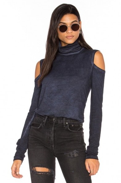 PAM & GELA COLD SHOULDER TURTLENECK TOP in oil navy. Blue high neck tops | turtlenecks | open shoulder fashion | casual | polo neck style - flipped