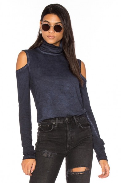 PAM & GELA COLD SHOULDER TURTLENECK TOP in oil navy. Blue high neck tops | turtlenecks | open shoulder fashion | casual | polo neck style