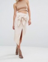 Parallel Lines Pencil Skirt With Tie Front in nude ~ stylish skirts ~ asymmetric hem ~ front slit