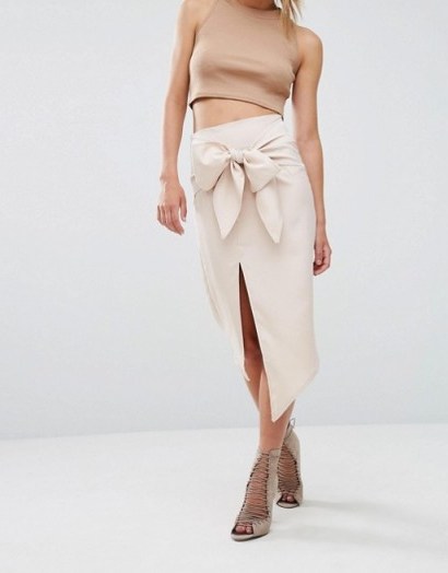 Parallel Lines Pencil Skirt With Tie Front in nude ~ stylish skirts ~ asymmetric hem ~ front slit - flipped