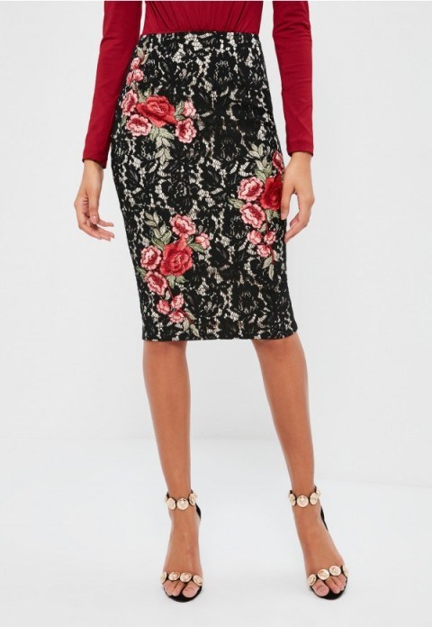 peace + love black lace rose pencil skirt ~ occasion fashion ~ dressy skirts ~ going out fashion ~ floral - flipped